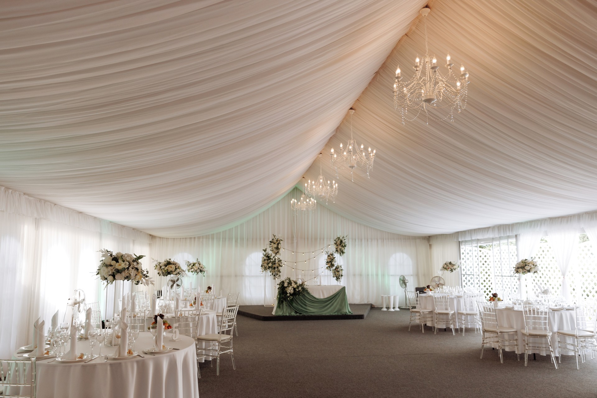 A view inside a marquee set up for a wedding reception